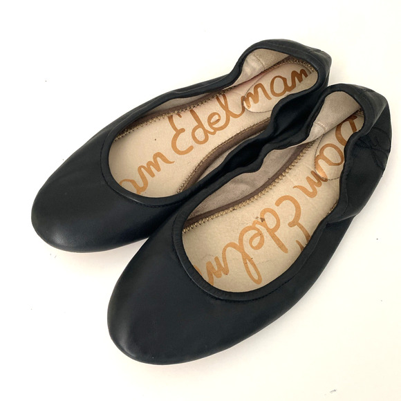 Sam Edelman Fritz Ballet Flat Black Leather Round Toe Slip On Logo Elastic 11 - Picture 4 of 6